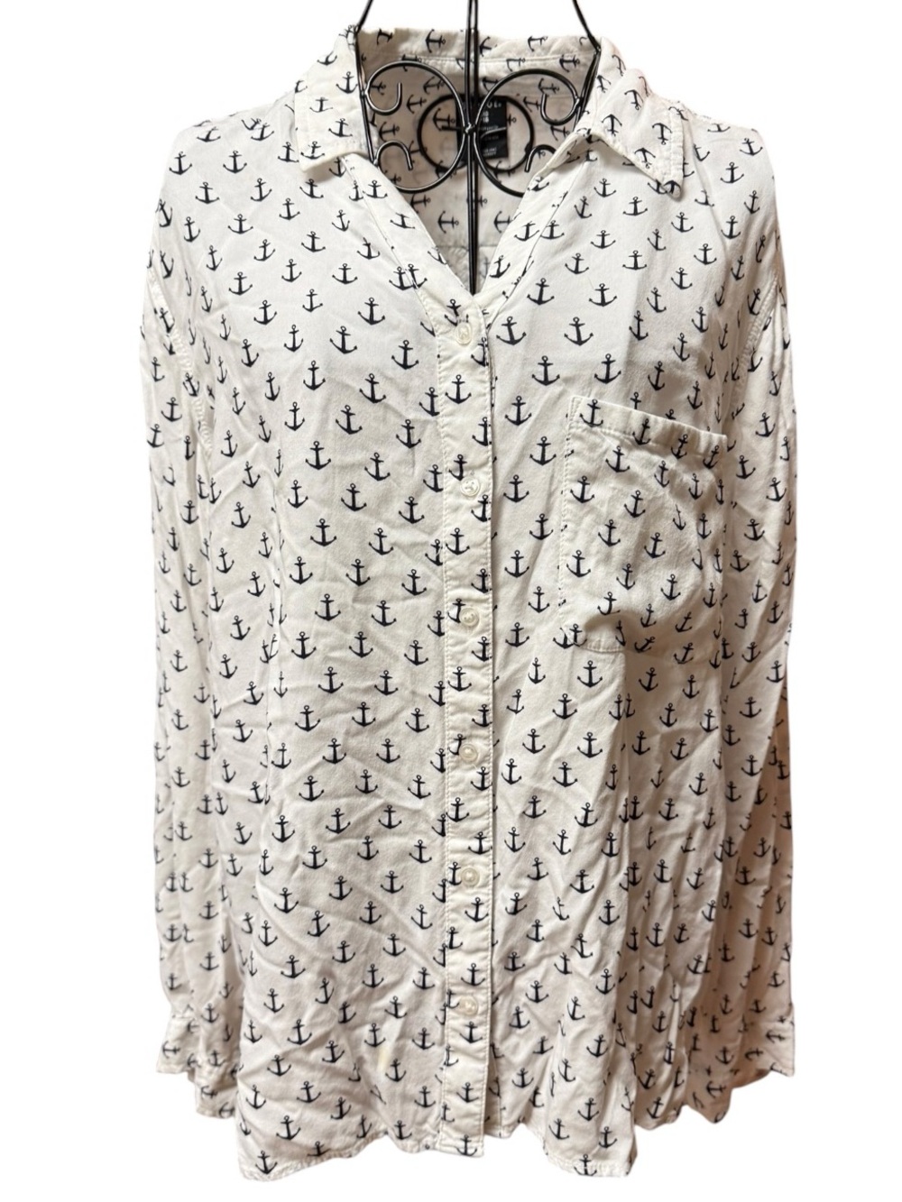 George Cream Button-Down Shirt with Navy Anchor Print XL